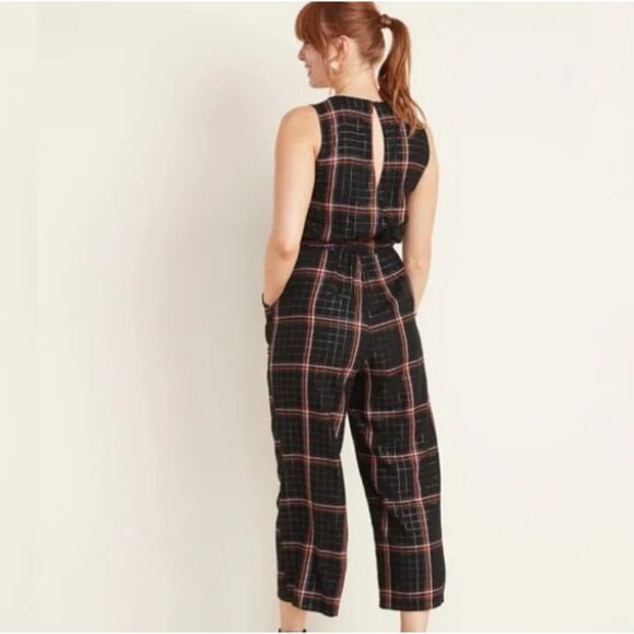 Old Navy XXL Plaid Sleeveless Jumpsuit Black Rust Cinched Waist Pockets FLAW - Picture 2 of 13